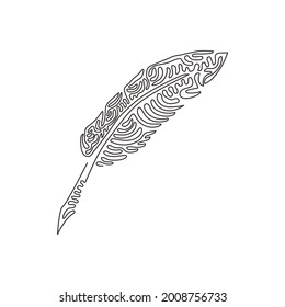 Single one line drawing vintage Feather quill pen logo with black ink stroke, scratch icon, classic stationery illustration. Swirl curl style. Continuous line draw design graphic vector illustration