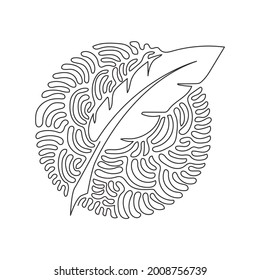 Single one line drawing vintage Feather quill pen logo with black ink stroke, scratch icon, classic stationery illustration. Swirl curl circle background style. Continuous line draw design graphic