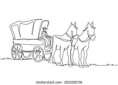 Single One Line Drawing Vintage Western Stagecoach With Horses. Wild West Covered Wagons And Cowboy In Desert Landscape. Western With Old Wagon. Continuous Line Draw Design Graphic Vector Illustration