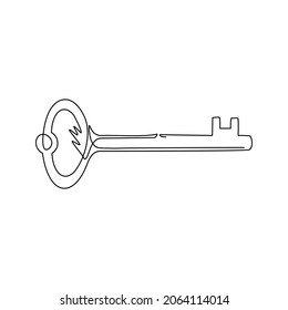 Single one line drawing vintage turnkey key isolated. Logo, sign symbolized kept secret. Personal data protection, antivirus internet security. Continuous line draw design graphic vector illustration