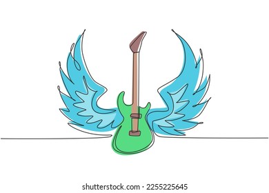 Single one line drawing vintage vector label with rock and roll forever and guitar (T-Shirt Print). Music design. Hand drawn trace image. Hipster rock festival poster. Continuous line draw design