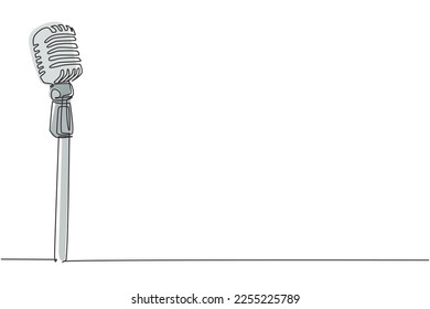 Single one line drawing vintage retro stage microphone. Old technology stand microphone concept for comedian at standup comedy show. Modern continuous line draw design graphic vector illustration