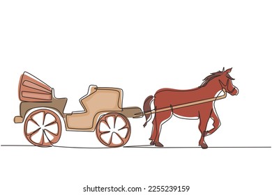 Single one line drawing vintage transportation, horse pulling carriage. Old carriage with a horse, a horse pulls a carriage behind him. Modern continuous line draw design graphic vector illustration