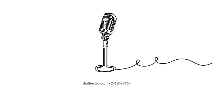 Single one line drawing vintage retro stage microphone. Old technology stand microphone concept for comedian at standup comedy show. Modern continuous line draw design graphic vector illustration