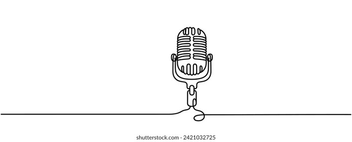 Single one line drawing vintage retro stage microphone. Old technology stand microphone concept for comedian at standup comedy show. Modern continuous line draw design graphic vector illustration