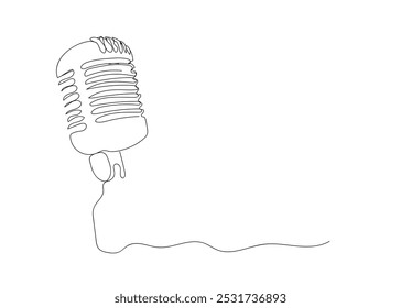 Una sola línea de dibujo de micrófono de etapa retro vintage. Concepto de micrófono de soporte de tecnología antigua para comediante en el espectáculo de comedia de stand up.  Vector hecho a mano, no IA.
