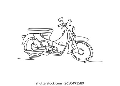 Uma única linha desenhando vintage moto ciclomotor no fundo branco. Comunidade Asiático cidadão de moto urbana para a atividade diária de rotina. Desenho de linha contínua moderna desenho gráfico vetor ilustração