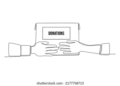Single one line drawing Volunteer giving donate box to the Recipient  World charity day concept  Continuous line draw design graphic vector illustration 