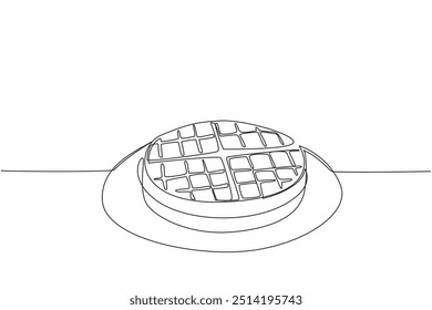 Um único waffle de desenho de linha em uma placa redonda. A primeira camada de waffle. Decorar a comida e adicionar coberturas. Prazer. Dia Internacional do Waffle. Ilustração gráfica de design de linha contínua