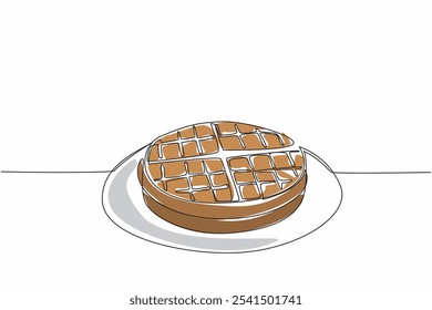 Einzeilige Zeichnung Waffel auf einem runden Teller. Die erste Waffelschicht. Dekorieren der Lebensmittel und Hinzufügen von Belägen. Freut mich. Internationaler Waffeltag. Grafische Illustration zum Liniendesign