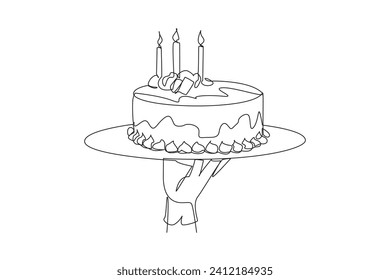 Single one line drawing the waiter holds a food tray serving cake. It has quite high calorie and cholesterol content. Cake with celebration symbols. Sweet. Continuous line design graphic illustration