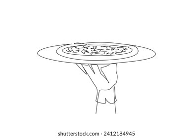 Single one line drawing waiter holding food tray serving pizza. Typical Italian food. Delicious. Lots of toppings. Pepperoni. Mold. Sausage. Mozzarella. Continuous line design graphic illustration