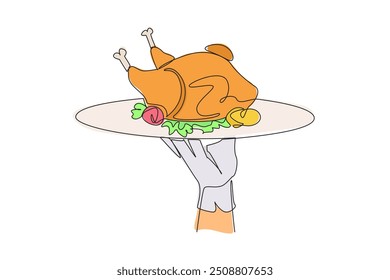 Single one line drawing the waiter holds food tray serving roast chicken. Foods that can be consumed while on a diet. Chicken with whole pieces. Delicious. Continuous line design graphic illustration