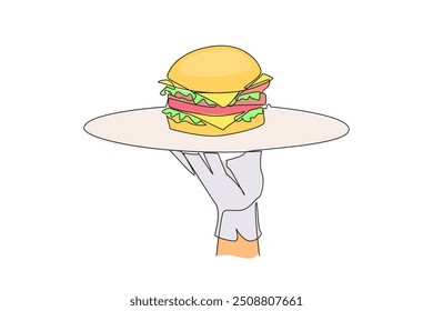 Single one line drawing waiter holding food tray serving burger. Fast food. Like a sandwich. The bread contains pieces of meat, lettuce, tomatoes and onion. Continuous line design graphic illustration
