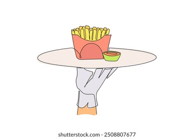 Single one line drawing the waiter holds a food tray serving french fries. A dish made from shredded potatoes. Snack. Complementary food to the main menu. Continuous line design graphic illustration