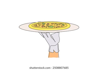 Uma única linha garçom desenho segurando bandeja de comida servindo pizza. Comida típica italiana. Delicioso. Muitas coberturas. Pepperoni. Molde. Salsicha. Mozzarella. Ilustração gráfica de design de linha contínua