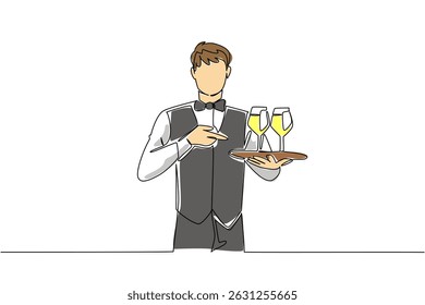 Single one line drawing a waiter carries a tray and hand points to a glass of juice. Refreshing drinks for customers. Healthy drinks. National Waiters Day. Continuous line design graphic illustration