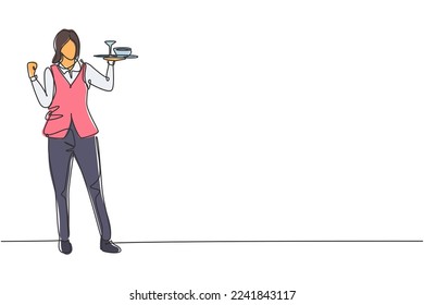 Single one line drawing waitress stood up with celebrate gesture and brought tray of drinking glasses to offer restaurant guests. Success job. Continuous line draw design graphic vector illustration