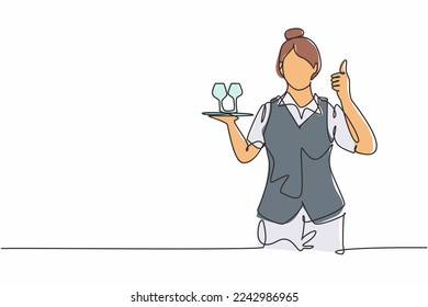 Single one line drawing of waitress with a thumbs-up gesture and brought a tray of drinking glasses serving visitors at the cafeteria. Modern continuous line draw design graphic vector illustration