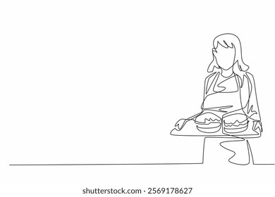 Single one line drawing the waitress wearing yellow apron, both hands holding a tray of burgers. Serving food in the school canteen. School Lunch Hero Day. Continuous line design graphic illustration