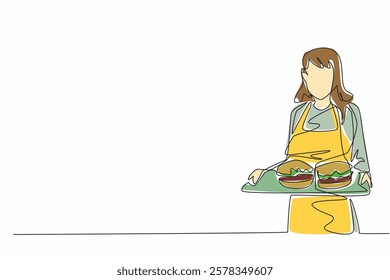 Single one line drawing the waitress wearing yellow apron, both hands holding a tray of burgers. Serving food in the school canteen. School Lunch Hero Day. Continuous line design graphic illustration