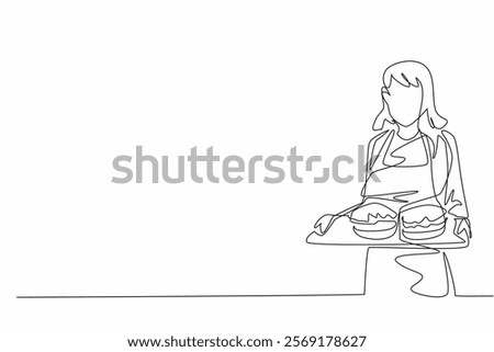 Single one line drawing the waitress wearing yellow apron, both hands holding a tray of burgers. Serving food in the school canteen. School Lunch Hero Day. Continuous line design graphic illustration