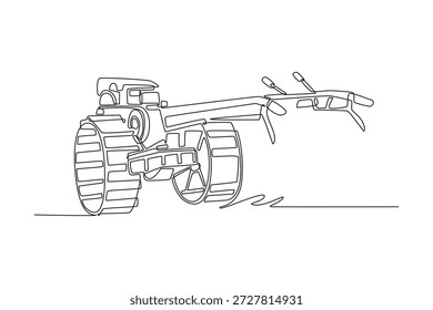 Una sola línea que dibuja el timón eléctrico o el tractor de dos ruedas. Marco mecánico y Grandes ruedas rodantes para la agricultura, jardinería. Ilustración vectorial gráfica de diseño de dibujo de línea continua moderna