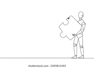 Single one line drawing of walking robot carries puzzle pieces. Strong teamwork concept. Robotic artificial intelligence. Future technology development concept. Continuous line graphic illustration