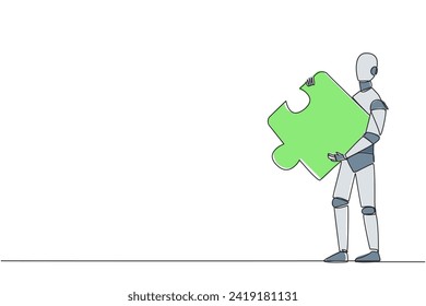 Single one line drawing of walking robot carries puzzle pieces. Strong teamwork concept. Robotic artificial intelligence. Future technology development concept. Continuous line graphic illustration