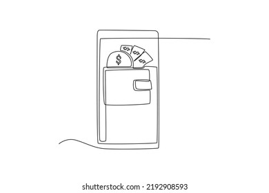 Single one line drawing wallet app page on mobile phone screen. Financial technology concept. Continuous line draw design graphic vector illustration.