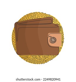 Einzeilige Zeichenkette im trendigen Flachstil. Geldbörse umreißen. Modernes Portemonnaie-Symbol. Schwirl-Kreis-Hintergrund-Stil. Grafische Vektorgrafik für kontinuierliche Zeilenzeichnung