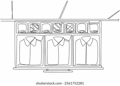 Single one line drawing wardrobe drawer opened and inside there are shirts and ties in various colors. Shirts are separated by color. Get Organized Day. Continuous line design graphic illustration