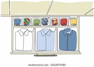 Single one line drawing wardrobe drawer opened and inside there are shirts and ties in various colors. Shirts are separated by color. Get Organized Day. Continuous line design graphic illustration