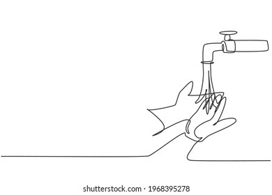 Single one line drawing of washing hands with clean water spilled from the tap to protection hands from germs, bacteria and viruses. Modern continuous line draw design graphic vector illustration.