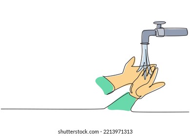 Single one line drawing of washing hands with clean water spilled from the tap to protection hands from germs, bacteria and viruses. Modern continuous line draw design graphic vector illustration.