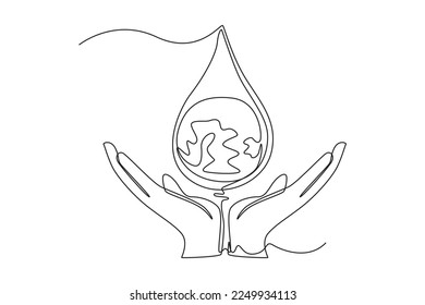 Single one line drawing water droplets on hands. World water day Concept. Continuous line draw design graphic vector illustration.