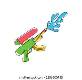 Single one line drawing water gun illustration. Plastic summer toy. Toy design for children. Gun with water splash. Flat isolated on white background. Modern continuous line draw design graphic vector
