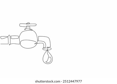 Single one line drawing water drop coming out of the water tap. Metaphor. Lifestyle threatens the world to be hit by drought. Save water. World Water Day. Continuous line design graphic illustration