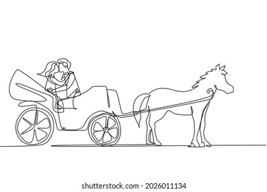 Single one line drawing wedding couple trying kiss each other. Just married. Happiness bride and groom sitting in carriage pulled by horse. Continuous line draw design graphic vector illustration