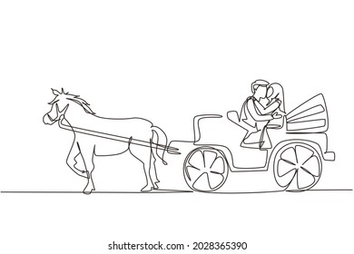 Single one line drawing wedding Arab couple trying kiss each other. Just married. Happiness bride and groom sitting in carriage pulled by horse. Continuous line draw design graphic vector illustration