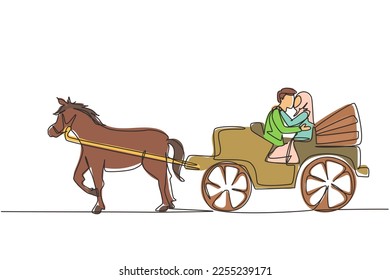 Single one line drawing wedding Arab couple trying kiss each other. Just married. Happiness bride and groom sitting in carriage pulled by horse. Continuous line draw design graphic vector illustration