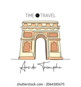 Single one line drawing of welcome to Arc de Triomphe landmark. Historical iconic place in Paris. Tourism and travel greeting postcard concept. Modern continuous line draw design vector illustration