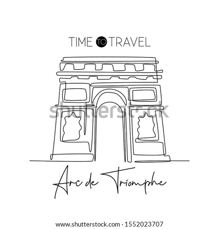 Single one line drawing of welcome to Arc de Triomphe landmark. Historical iconic place in Paris. Tourism and travel greeting postcard concept. Modern continuous line draw design vector illustration