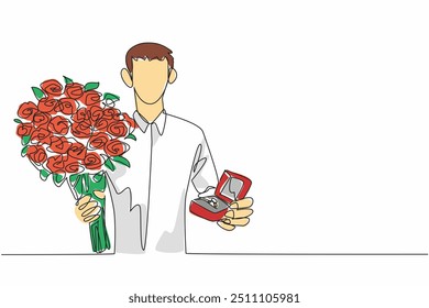 Eine einzige Zeile, die einen gut gekleideten jungen Mann mit einem Blumenstrauß und einer Ringbox zeichnet. Überraschung zum Anbieten. Lange erwartete Tag. Nationaler Vorschlagstag. Grafische Illustration zum Liniendesign