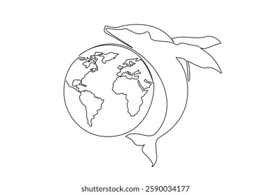 Single one line drawing whale jumps while twisting its body and globe. Clean ocean makes them happy. Maintaining the beauty of the sea. Mother Ocean Day. Continuous line design graphic illustration