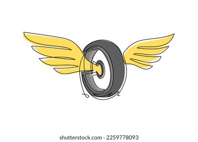 Single one line drawing wheel with wings. Winged car tires isolated. Design flat element for logo, label, emblem, sign, badge, t-shirt, poster. Modern continuous line draw graphic vector illustration
