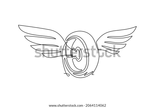 Single one line drawing wheel with wings.\
Winged car tires isolated. Design flat element for logo, label,\
emblem, sign, badge, t-shirt, poster. Modern continuous line draw\
graphic vector\
illustration
