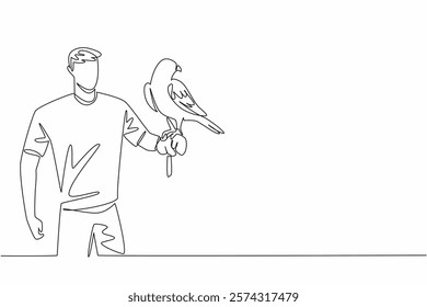 Single one line drawing white and beige falcon bird perched on hand of man. Bird of prey that has excellent flying and hunting abilities. Man Holding Bird. Continuous line design graphic illustration