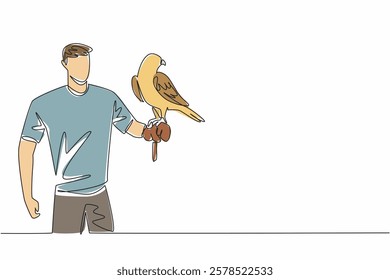 Single one line drawing white and beige falcon bird perched on hand of man. Bird of prey that has excellent flying and hunting abilities. Man Holding Bird. Continuous line design graphic illustration