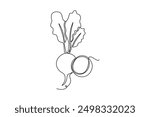 Single one line drawing whole healthy organic raw red radish for farm logo identity. Fresh crop concept for edible root vegetable icon. Modern continuous line draw design graphic vector illustration